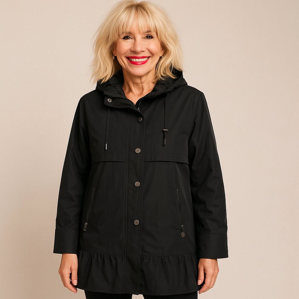 Betsey Johnson Hooded Faux Fur Lined Parka Coat Black, Ruffle Hem, Size L